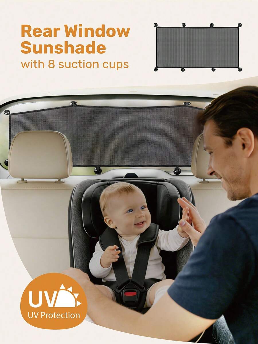 1Set Car Rear Window Sunshade With 8 Suction Cups, Universal Fit Car Back Window Shade For Baby, Ideal For Families With Kids' Daily Commute & Travel - Black - View 1