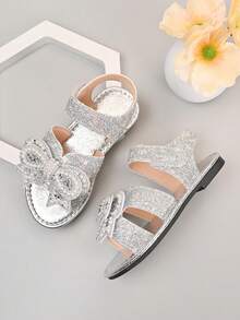 2026 New Girls' Pearl, Rhinestone, Bow & Sequin Decorated PU Open Toe Sandals, Sweet Princess Style, Suitable For Summer Casual Wear/Birthday Party - Silver - View 2
