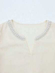 Women Elegant Champagne Satin Shirt Faux Pearl Puff Sleeve Notched Neck Loose Fit Casual Commuter Wear Dating Valentine's Day Fashionable - 杏色 - 查看 4