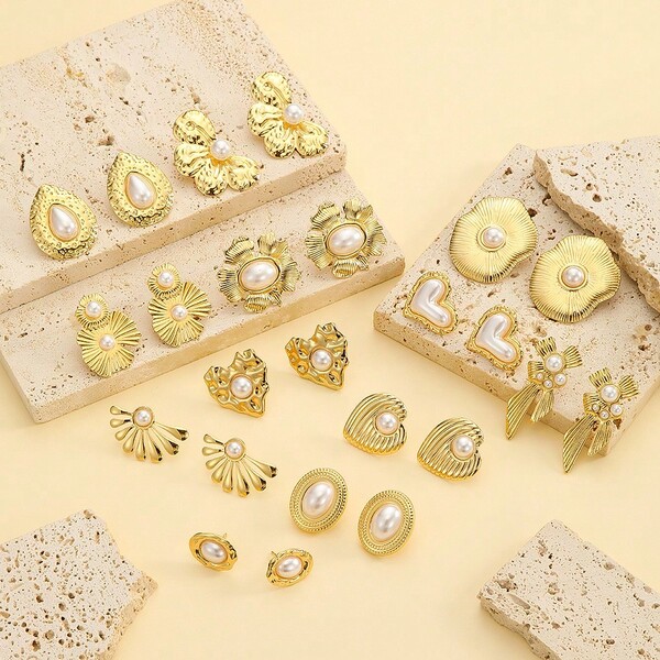 Assorted Pearl Stud Earrings Collection, Floral, Heart, Geometric Earrings, Luxurious Stainless Steel Non-Fading Earrings