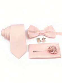 Bộ 5 món dành cho phù rể đám cưới, bao gồm cà vạt, nơ, khăn cài túi áo, hoa cài áo chú rể và khuy măng sét, màu hồng pastel, kiểu INS. - Màu Hồng baby - Xem 3