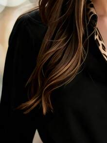 Women's Leopard Print Trim Long Sleeve Black Blouse, Elegant Button-Up Top, Fashionable Choice For Autumn Spring - Black - View 4