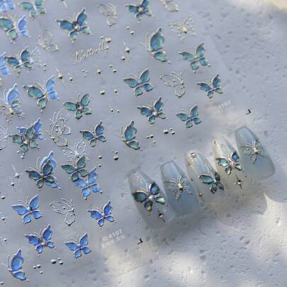 1 Set Luxury Crystal Diamond Nail Stickers With Gold/Silver Frames, Shiny Blue Butterfly Nail Decals, Nail Art Decorations