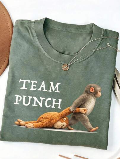 TEAM PUNCH 可爱卡通猴子图案T恤，女士休闲圆领短袖简约T恤