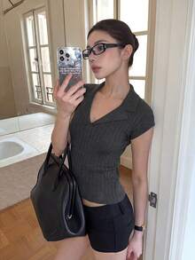 Summer New Old Money Style V-Neck Notched Collar Ribbed Knit Top – Slim Fit Ice Silk Blouse For Women - Dark Grey - View 2