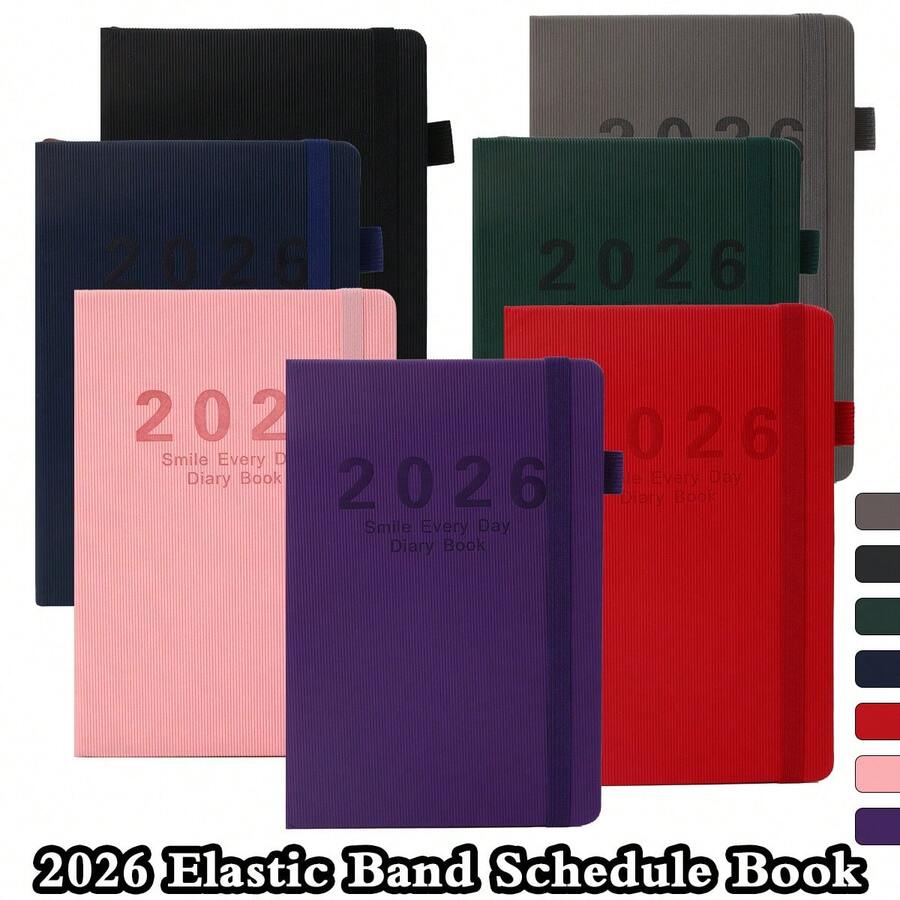 1本2026年计划日程本，条纹PU皮革日记本，带松紧带和笔插，专业A5尺寸年度日程本，适用于办公室、学校和个人规划 - 多色 - 查看 1