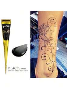 Henna Cone Tattoo Kit Available In Multiple Colors, 12 Random Reusable Stencils | Pre-Mixed Natural Mehndi Paste For Temporary Body Art | Waterproof, Smudge-Proof, Long-Lasting | DIY Kit Suitable For Beginners For Parties, Festivals, Halloween, And Weddings - màu đen - Xem 2