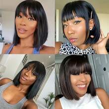 2*4 Lace Brazilian Human Hair Wig With Bangs Remy Straight Bob Wigs Lace Closure Full Machine Made Wig For Women 8-14 Inches Non Lace Bob Wigs 200% Density Glueless Wigs - 2*4 lace - 查看 8