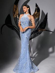 女款優雅抹胸珠飾亮片正式晚禮服，魚尾剪裁派對婚禮適用 - 淺藍色 - 查看 6