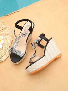 Women's Transparent Rhinestone Butterfly Wedge Sandals, Open Toe Woven Texture High Heel, Summer Party Beach Holiday Shoes - Black - View 15