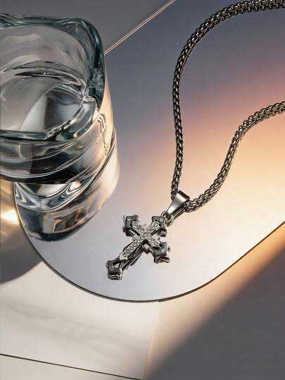 1 pieza Collar con colgante de cruz de doble capa de acero inoxidable con rhinestones, adecuado para hombres, adolescentes, regalo perfecto para cumpleaños, aniversario, Día de San Valentín, Día del Padre