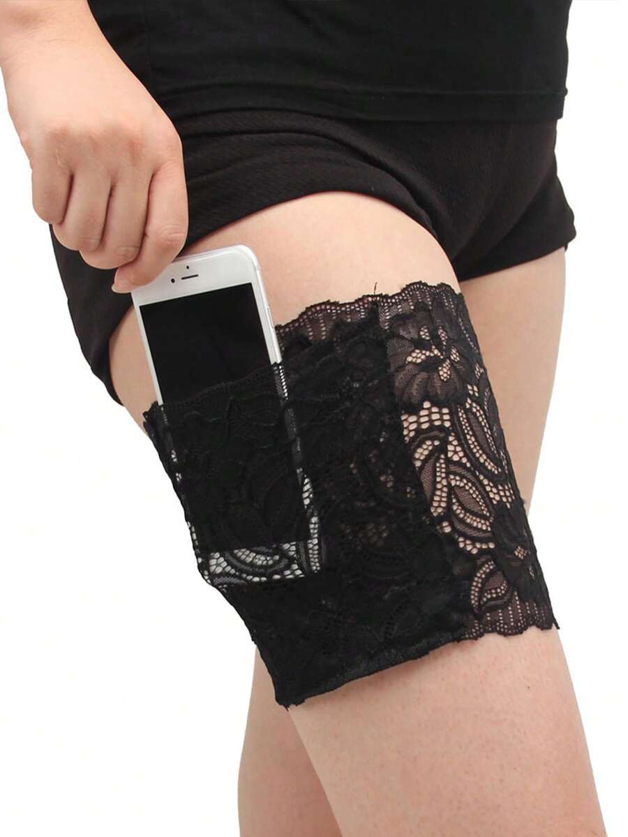 1pc Women's Lace Garter With Non-Silicone Phone Pocket - Elegant Lace Design, Made Of Spandex, Hand Wash Recommended - Fashionable Thigh-High Sock Accessory | Comfortable Fit, Suitable For Women | Lingerie Accessory Lace Garter With Anti-Slip Thigh Phone Pocket - Multicolor - View 1