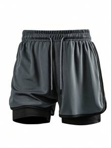 1 chiếc quần short thể thao nam 2 trong 1 mùa hè, chất liệu vải lưới, quần short chạy bộ, thích hợp cho tập luyện tại phòng gym và chạy bộ ngoài trời. - Màu xám đen - Xem 5