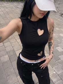 Edgy Girls Black Knitted Tank Top Crop Length Heart Hollow Out Design Round Neck Medium Stretch For Casual Wear Summer - Black - View 2