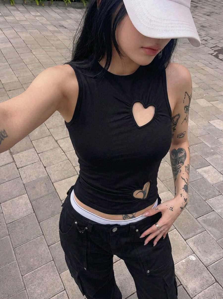 Edgy Girls Black Knitted Tank Top Crop Length Heart Hollow Out Design Round Neck Medium Stretch For Casual Wear Summer