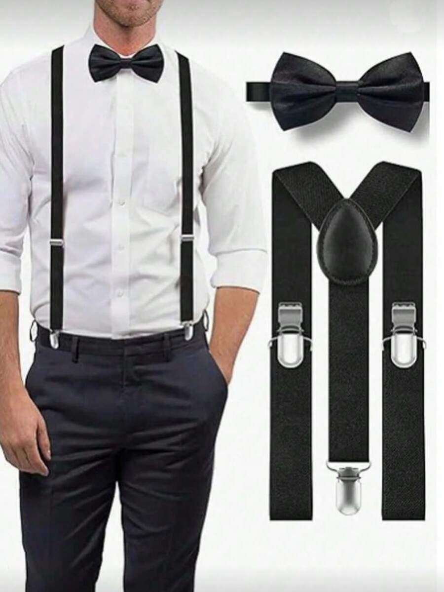 2pcs/Set Men's Solid Color Bow Tie And Suspender Set: Solid Color Y-Back Suspenders And Self-Tie Bow Tie - Suitable For Wedding Attire, Casual Outdoor, Athletic, Vacation, Graduation Gifts, Birthday, Daily Wear - Multicolor - View 1