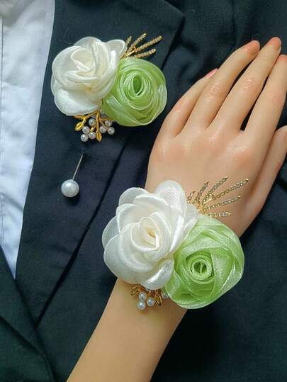 1枚胸花+1枚腕花，韩式绿米色玫瑰花新娘伴娘胸针，婚礼腕花，派对/日常佩戴手链