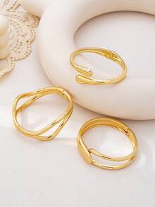 3pcs/1set Minimalist Gold-Tone Geometric Hollow Asymmetrical Water Drop Thick Textured Bangle Set, Suitable For Women, Solid Metal & Zinc Alloy Material - Yellow Gold - View 2