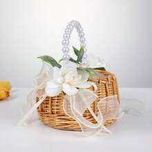 Wedding Flower Girl Basket Ribbon Bow Faux Flower Decor Petal Storage Woven Rattan Basket For Wedding Daily Picnic - Yellow - View 6