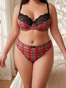 Plus Size Women's Lingerie Set, Vintage Plaid Print Patchwork Black Lace Underwire Bra And Panty 2-Piece Set - Đỏ - Xem 3