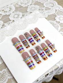 10pcs Luxury Extra Long 7-Color Rainbow 3D Rhinestone Butterfly Glamorous Press-On Nails, Suitable For Girls, Holidays, Weddings, Parties - Nhiều màu - Xem 10