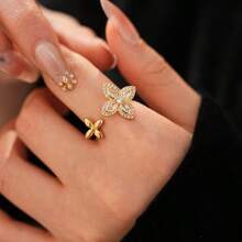 1pc Fashionable Luxury Lucky Clover Flower Ring, Vintage Elegant Copper Zirconia Open Ring, Suitable For Women's Daily, Party, Holiday, Date Wear, Anniversary Gift, Jewelry Gift, Daily Gift - Four-leaf Clover Ring - View 3
