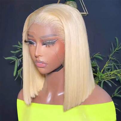 Tóc giả ngắn thẳng màu vàng mật độ 180%, tóc người 613, kiểu bob, tóc người , màu vàng mật ong, kiểu tóc bob có ren phía trước 13x4.