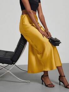 Se-Helo Women's Fashion All-Season Satin-Feel Elastic Waist Skirt Spring - Lemon Yellow - View 4