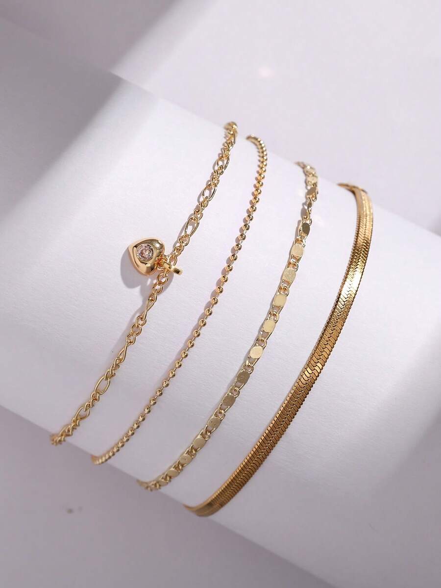 4件套女孩手链套装，时尚休闲金色不锈钢刀片链搭配基础链，铜镶嵌锆石心形吊坠多层叠戴手链首饰礼品 - 金色 - 查看 1