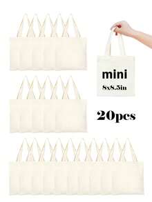 1/5/10/20个迷你/中号/大号可重复使用帆布手提袋，可折叠购物袋套装，空白袋可用于DIY手写、绘画、印章、热转印、刺绣装饰 - 米色 - 查看 19