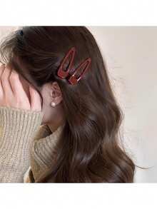 2 buah Jepit Rambut Wanita Minimalis Polos Mengkilap Merah-Cokelat, Jepit Rambut Bentuk Mulut Bebek Berongga, Aksesori Rambut Gaya Sederhana untuk Gaya Rambut Sehari-hari, Menjepit Poni - Burgundy - View 4
