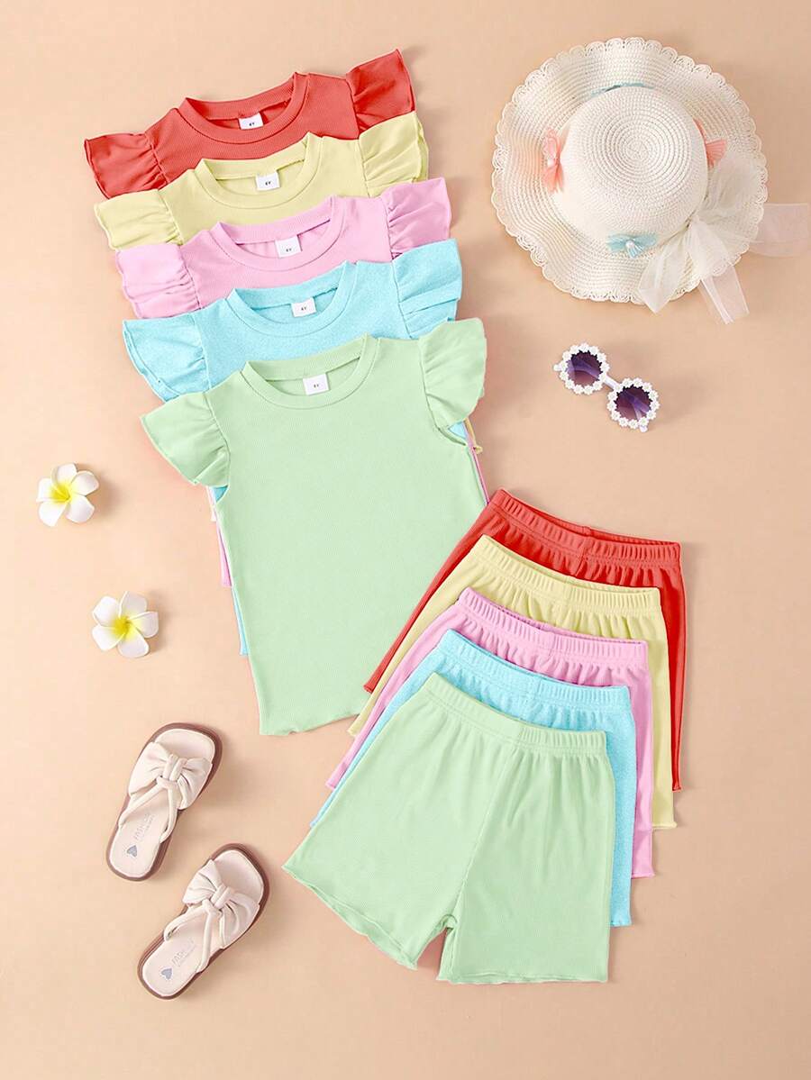10pcs/Set Girls' Casual Solid Color Knit Fabric Top Paired With Versatile Solid Color Shorts Set, Spring/Summer - Multicolor - View 1