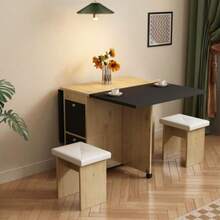 Dining Table Set (With Dining Table, 4 Chairs), Folding Dining Table, 120*80*75cm, Extendable Dining Table, Multifunctional Extendable Dining Table, Dining Chairs, White + Oak + Black - Black - View 3