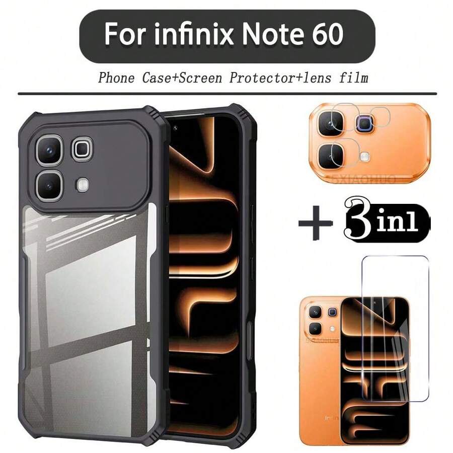 三合一Note 60 Pro手机壳，高强度透明亚克力防震软壳，包含钢化玻璃屏幕保护膜和镜头保护膜。 - 黑色 - 查看 1