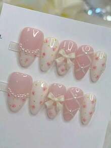 10pcs Floral Faux Pearl French Almond Short Nails, Y2K Girly Cute Bowknot Ballet Style Simple Versatile Handmade Wearable Nail Tips, Suitable Daily Wear, Press-On Nail Accessories Women Nail Supplies Handmade Press On Nails - 彩色 - 查看 2