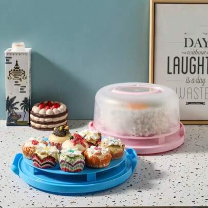 1个便携式纸杯蛋糕盒，可容纳7个纸杯蛋糕衬垫，带圆形蛋糕架、盖子和提手，适合运输和储存，可用作蛋糕盖、纸杯蛋糕容器、厨房烘焙盒、可重复使用和清洗的甜点储物盒，带翻盖，是生日派对、餐厅、厨房、纸杯蛋糕储物盒、厨房配件、露营、公司团队建设、大学生返校季的理想之选。