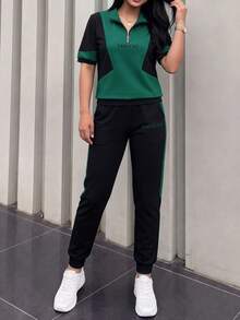 Spring/Summer Women's 2-Piece Set, Casual Fashion Sports Versatile Contrast Color Zipper Polo Collar Printed Short Sleeve Top And High Waist Striped Capri Pants Elegant - Dark Green - View 6