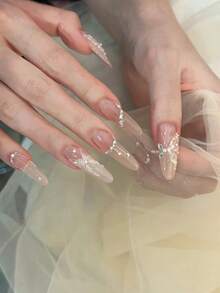 30 Pieces Press On Nails Long Droplet Shape/The Fairy Like And Luxurious Style Bare Butterfly Diamond Nail Art Is Exquisite And Full Of Atmosphere, Suitable For Weddings, Dinners, Photography And Other Occasions That Require Atmosphere. It Is A Typical Niche High-End Bridal Style Nail Art. - Multicolor - View 1