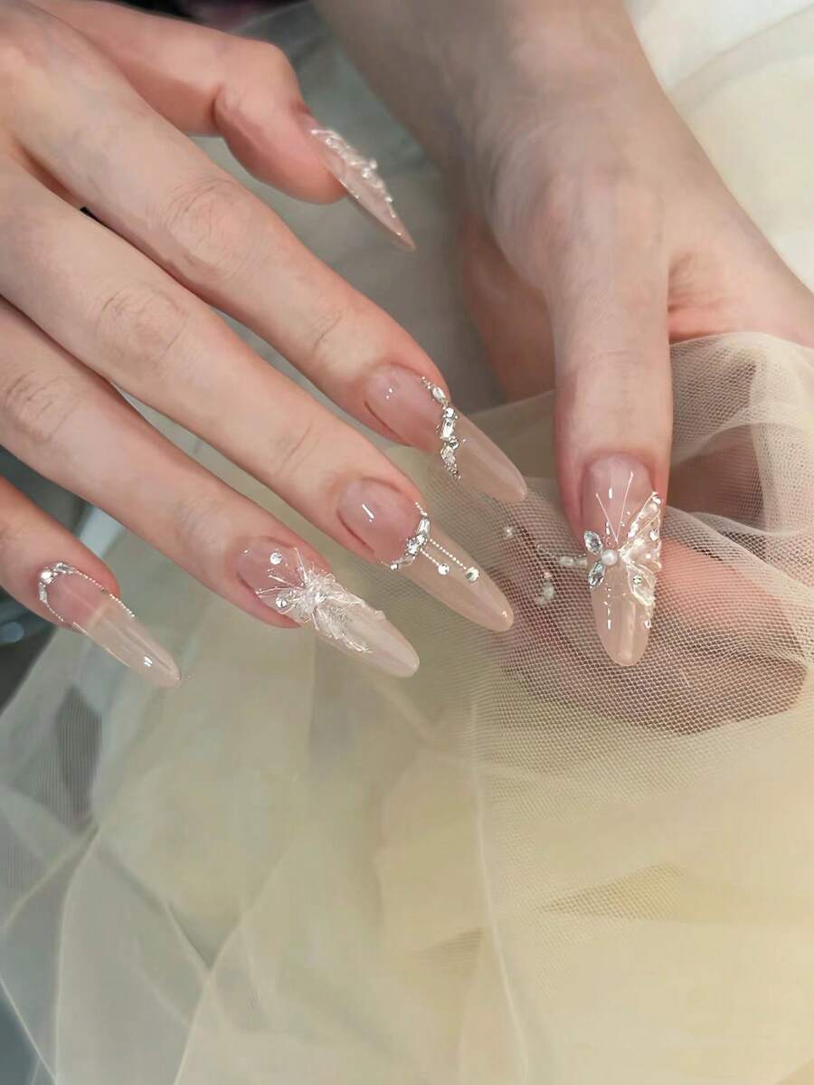 30 Pieces Press On Nails Long Droplet Shape/The Fairy Like And Luxurious Style Bare Butterfly Diamond Nail Art Is Exquisite And Full Of Atmosphere, Suitable For Weddings, Dinners, Photography And Other Occasions That Require Atmosphere. It Is A Typical Niche High-End Bridal Style Nail Art. - Multicolor - View 1