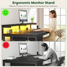 EnHomee 39.3"W Office Gaming Desk With Adjustable Monitor Stand, LED Lights & Power Outlet For Small Space - 黑色 - 查看 5