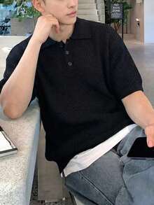 新款春夏男士纯色针织Polo领休闲宽松韩版商务通勤针织短袖上衣 - 黑色 - 查看 7