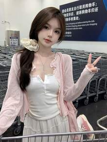 长袖开衫，轻薄镂空针织女式毛衣，休闲甜美风格，荷叶边装饰，春夏粉色 - 粉色 - 查看 3