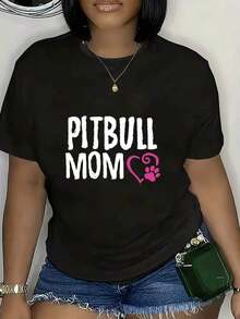 Camiseta Gráfica "Pitbull Mom" para Mujer - Camiseta Casual Negra de Manga Corta con Estampado de Pata Rosa, Cuello Redondo, Ligera y Transpirable para Primavera/Verano, Camiseta para Uso Diario |   Diseño Divertido |   Ajuste Cómodo - Negro - Ver 1