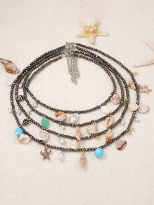 1 Set de Accesorios de Collar Colgante con Estrella de Mar y Concha Multicapa de Estilo Lujoso y Casual de Vacaciones para Mujeres - Collar de vacaciones de varias capas - Ver 2