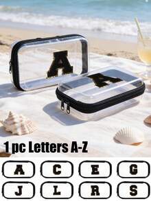 New Skincare Pattern Transparent Hard Zipper Protective Case, Covered With Black Towel Embroidered Letters A-Z,Pvc Travel Storage Bag With Zipper Closure - Lightweight Fade-Resistant Cosmetic Toiletry Bag, Hard Plastic Zipper Bag Transparent Zipper Plastic Storage Box Portable Travel Box, Black Toy Block Storage Bag, Digital Product Storage - Multicolor - View 1
