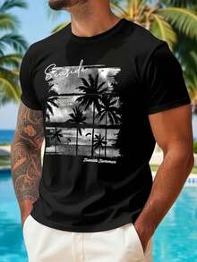 Camiseta unissex praia estilo casual manga curta 100% algodão confortável - Preto - Visão 1