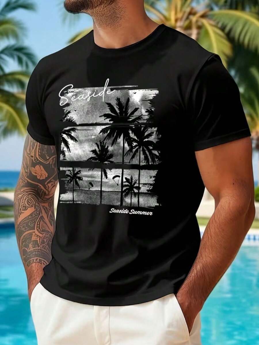 Camiseta unissex praia estilo casual manga curta 100% algodão confortável - Preto - Visão 1