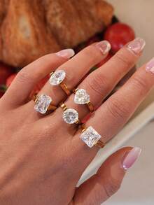 1 chiếc nhẫn nữ cỡ lớn đính đá Zirconia lấp lánh, mạ vàng 18k, chất liệu thép không gỉ (hình trái tim/tròn/chữ nhật/hình oval), nhẫn cưới kim cương lớn chống thấm nước, ít gây dị ứng, trang sức phong cách Y2K Hip Hop, món quà lý tưởng cho tiệc tùng, đám cưới, dạ hội, đeo hàng ngày, Ngày Valentine, sinh nhật, Giáng sinh, kỷ niệm, phù dâu, tiệc độc thân. - Nhiều màu - Xem 12