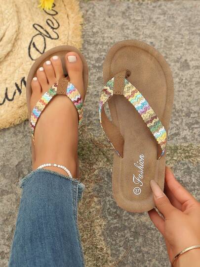 Women's Woven Strap Flip Flops, Pattern Decor, Open Toe Flat Sandals, Suitable For Beach Party, Photo Shooting, Beach Market Strolling, Comfortable For Long-Time Wear