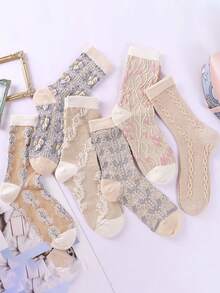 5/9 Pairs (Random Mixed) Women's Multicolor Retro Floral Elegant Versatile Polka Dot Mid-Calf Socks, Suitable For Daily Wear & Gatherings - Multicolor - View 6